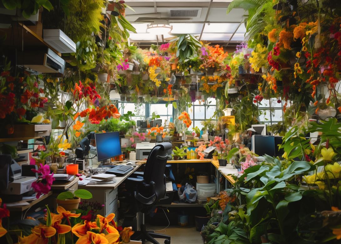 New Year's card 2024 with an office space overgrown with flowers